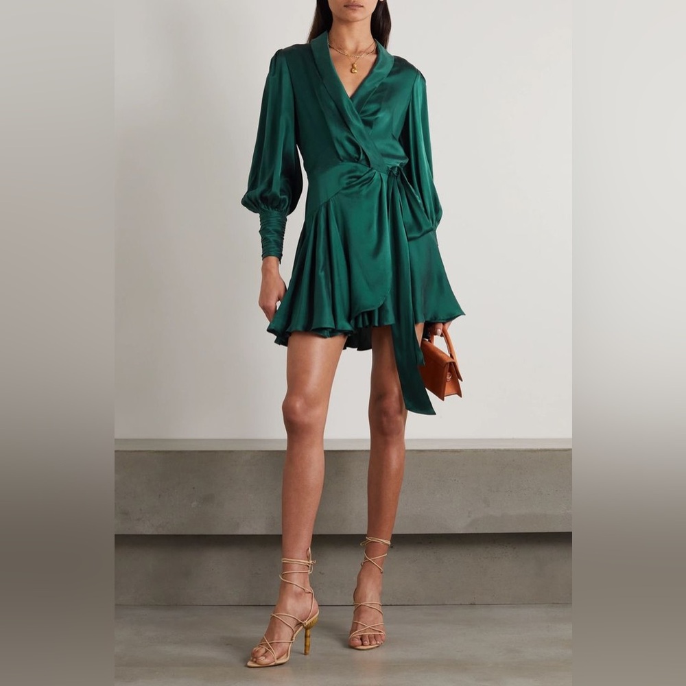 Zimmermann Emerald Green Long Sleeve Satin Wrap Mini Dress